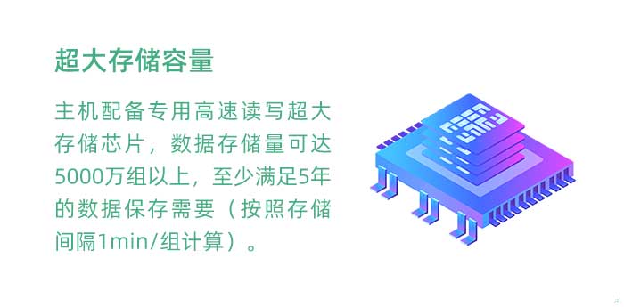 超大存儲容量。GT3100G車載溫濕度監(jiān)測主機配備專用高速讀寫超大存儲芯片，數(shù)據(jù)存儲量可達(dá)5000萬組以上，至少滿足5年的數(shù)據(jù)保存需要（按照存儲間隔1min/組計算）。