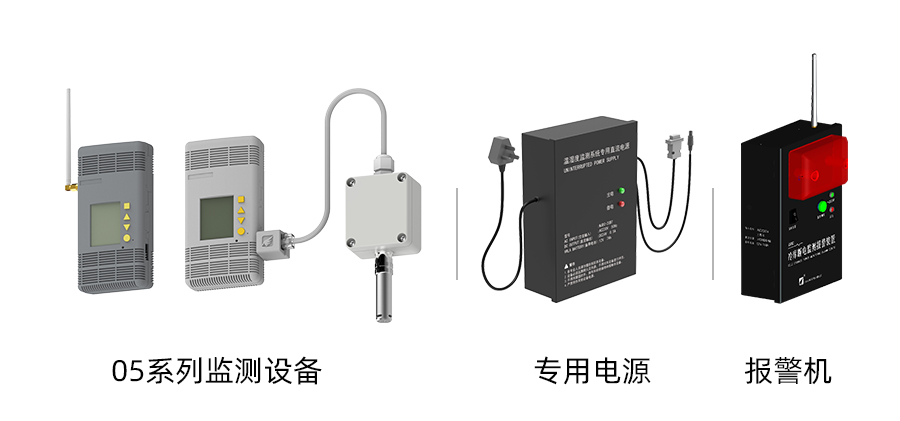 部分設(shè)備展示：05系列溫濕度監(jiān)測設(shè)備、報警機